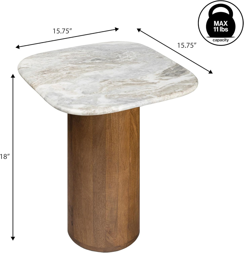 JONATHAN Y Milos Natural White Marble Square Top End Table with Honey Wood Cy...