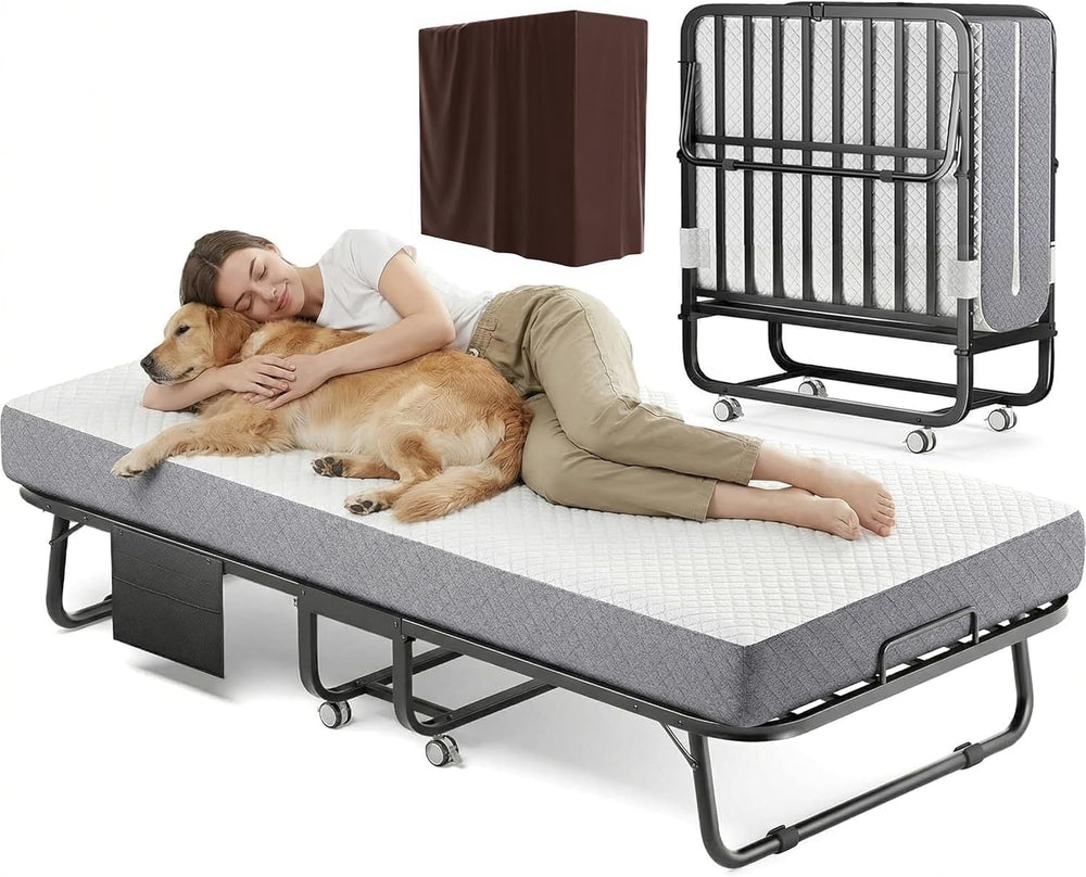 Decofy Folding Bed with Memory Foam Mattress Portable Rollaway Guest Beds on ...
