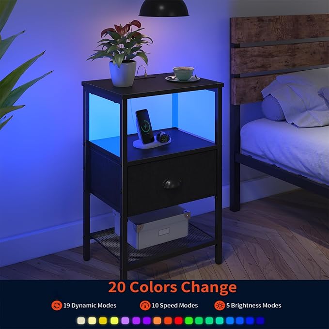 Sthmec Nightstands Set of 2, LED Bedside Tables with Charging Station and Fab...