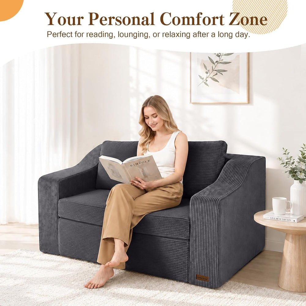 MeMoreCool 58" Boneless Loveseat Sofa Bed, Corduroy Pull Out, Warm Grey