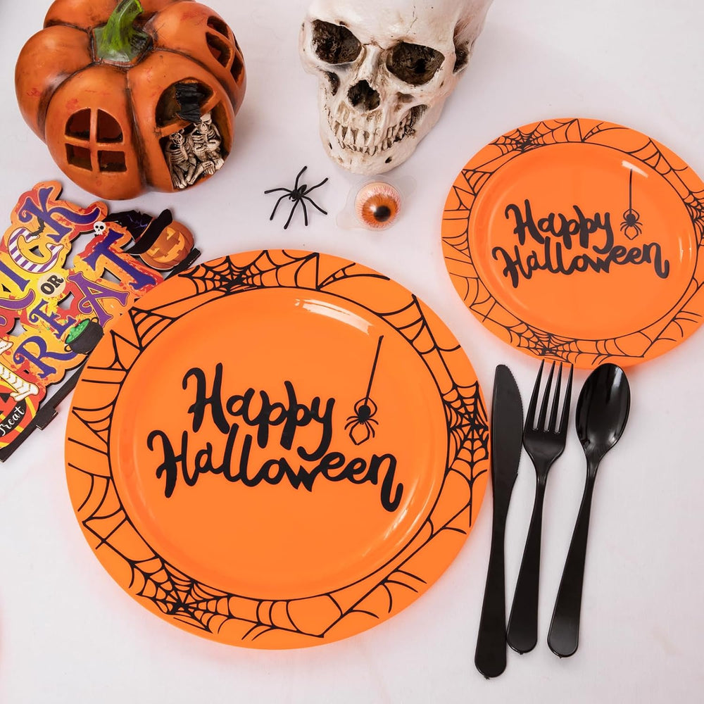supernal 180 Pcs Orange and Black Halloween Plastic Dinnerware Set for 30