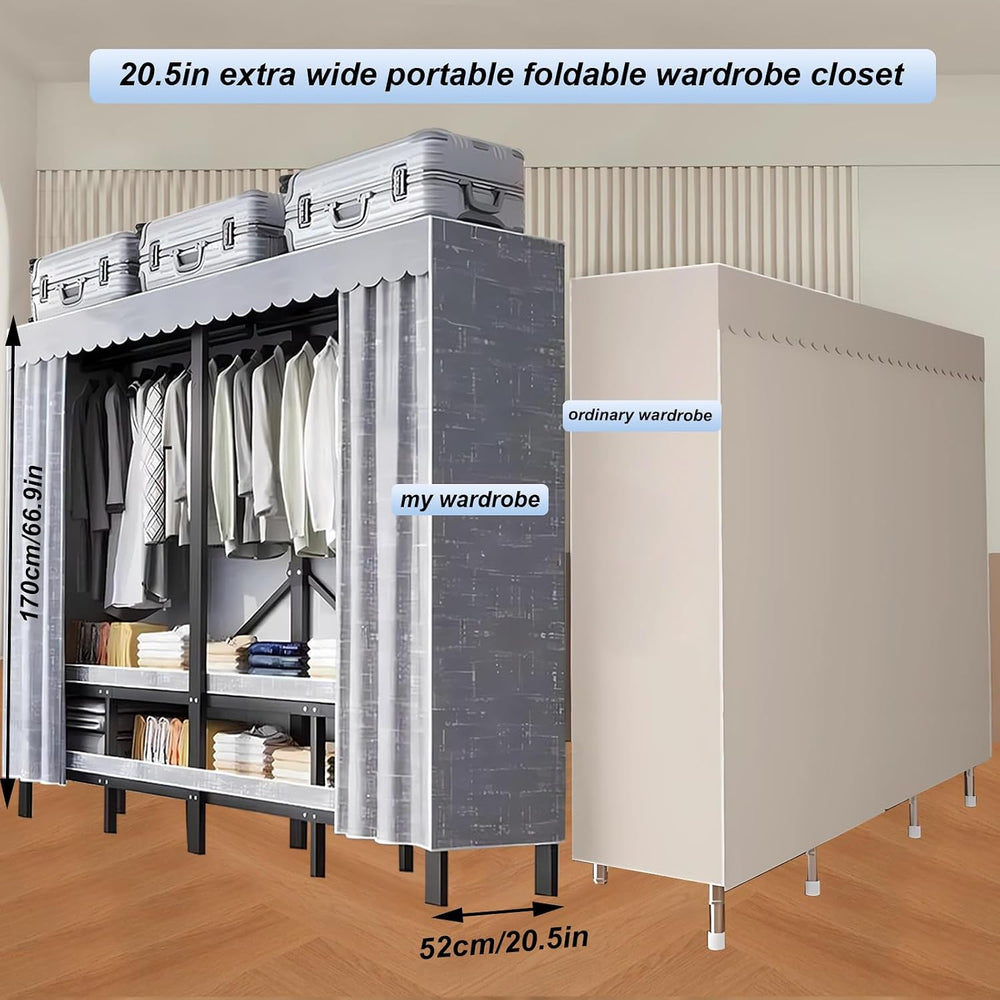 66.1in Heavy Duty Foldable Wardrobe with Cover, Load 1500lbs, grey