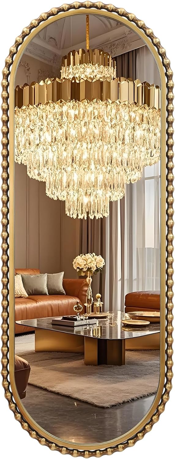 20"x53" Oval Full Length Wall Mirror, Unique Bold Beaded Frame