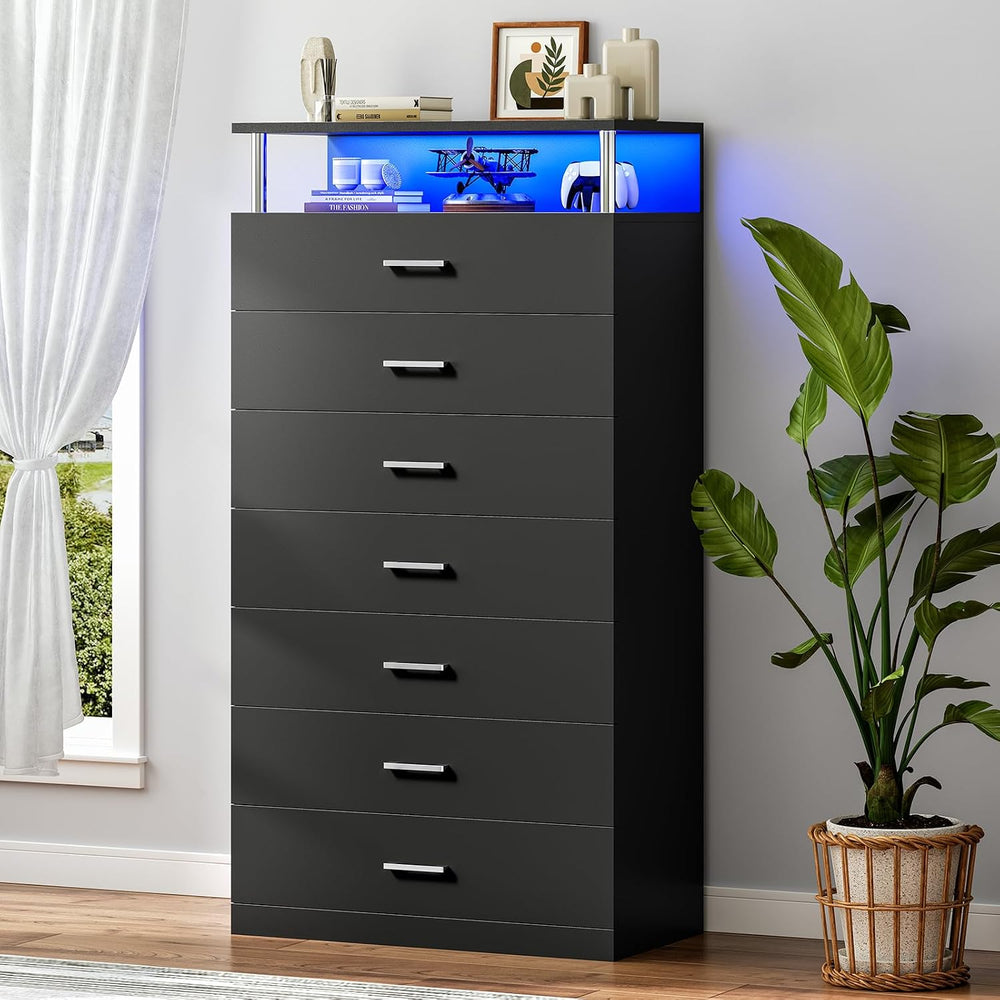 AOGLLATI Black Tall Dresser for Bedroom with Column Design & Led Lights, ...