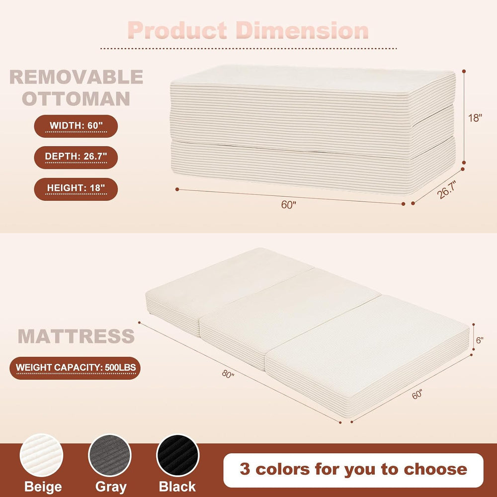 6-Inch Tri-Fold Foldable Mattress, Folding Sofa Bed with Removable Washable C...