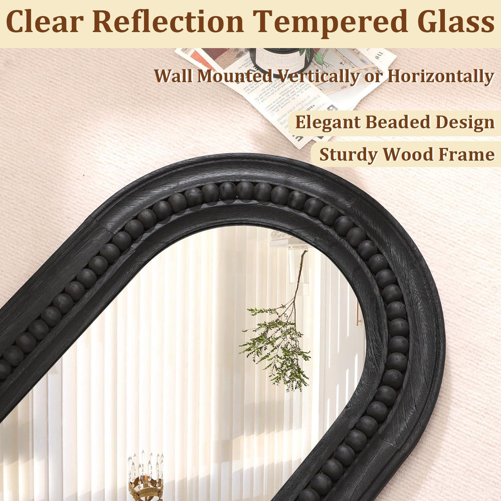 Oval Full Length Mirror with Beaded Wood Framed Black Decorative Large Wall M...