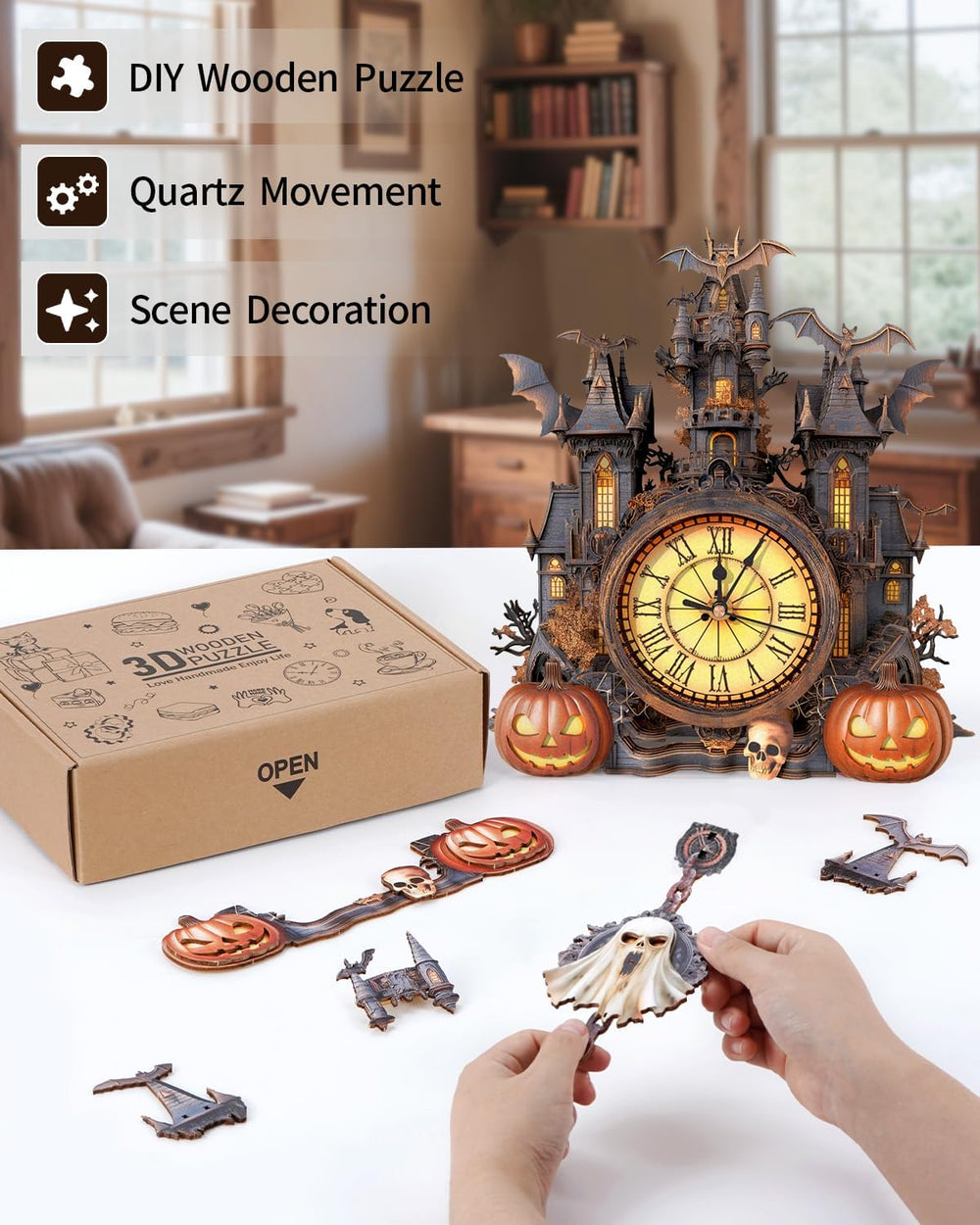 3D Puzzles for Adults, Halloween Cottage Clock 3D DIY Model Kit