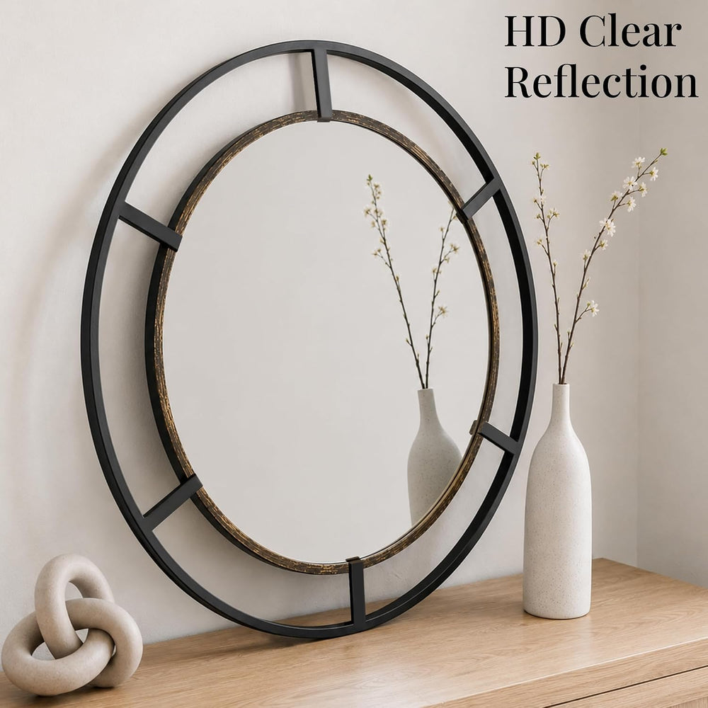 30 Inch Round Wall Mirror, Black & Antique Gold, Bathroom, Entryway