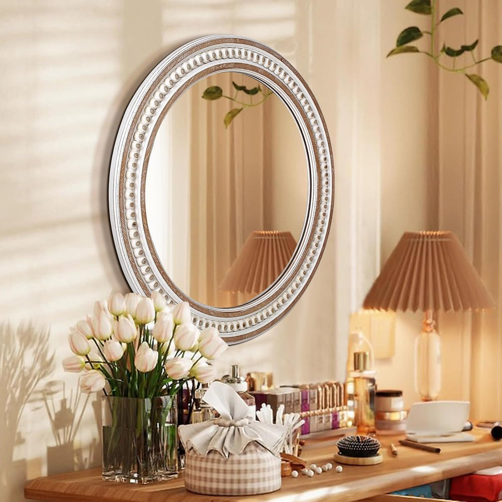 24 Inch Round Bathroom Mirror, Wooden Circular Mirrors for Wall Decor