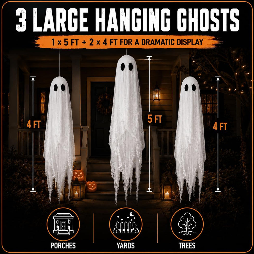 3 Packs Halloween Decorations Outdoor - Hanging Ghost Decor for Porch Yard
