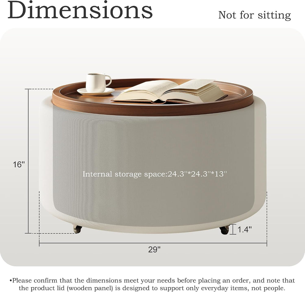 Round Storage Ottoman Coffee Table with Walnut Tray, 30'' Round Ottom...