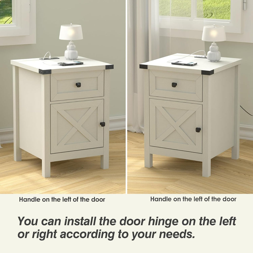 Farmhouse Nightstand with Charging Station, White Side Table, Rustic End Tabl...