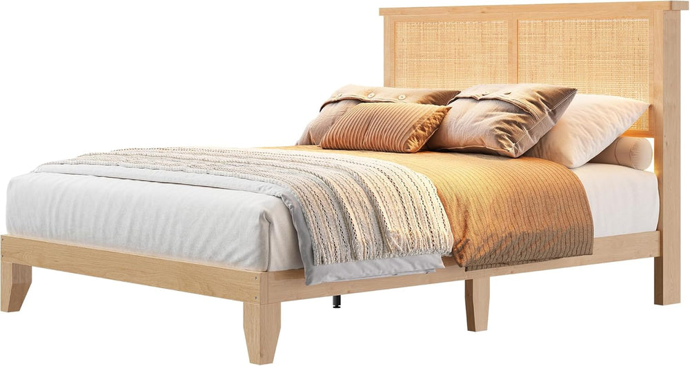 coucheta Bohemian Queen Rattan Bed LED Natural Headboard Bedroom