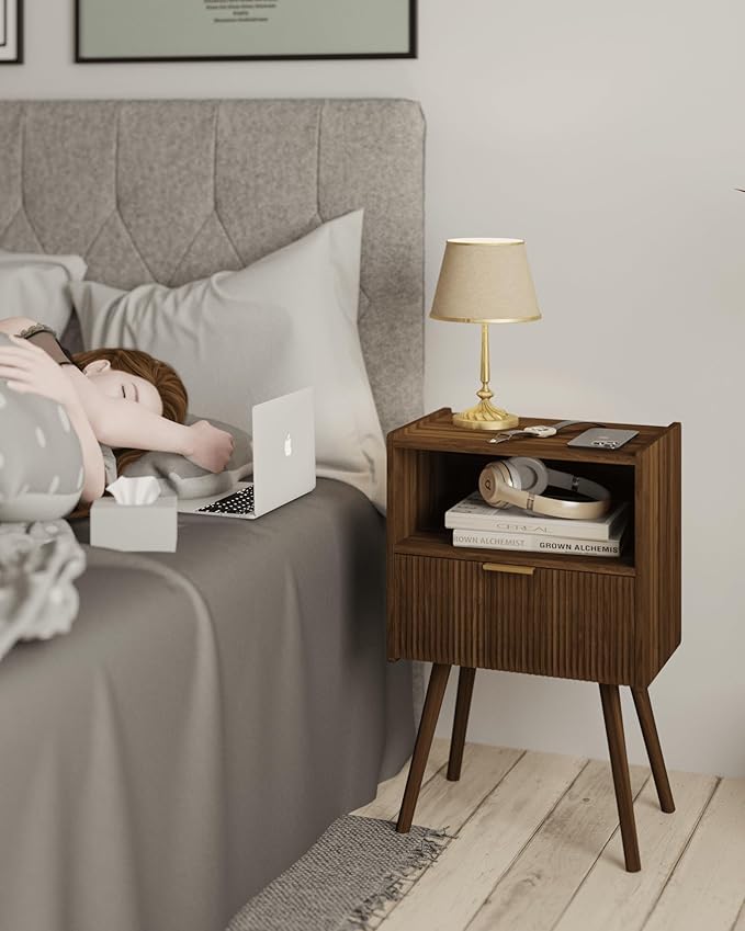 Nightstand,Modern Bedside Table with Storage Drawer and Open Wood Shelf, for ...