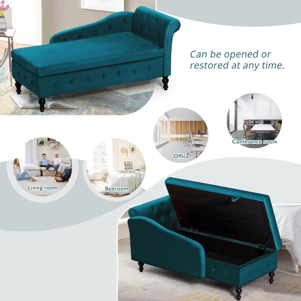 Velvet Chaise Lounge w/Right Armrest & Storage Space, Teal