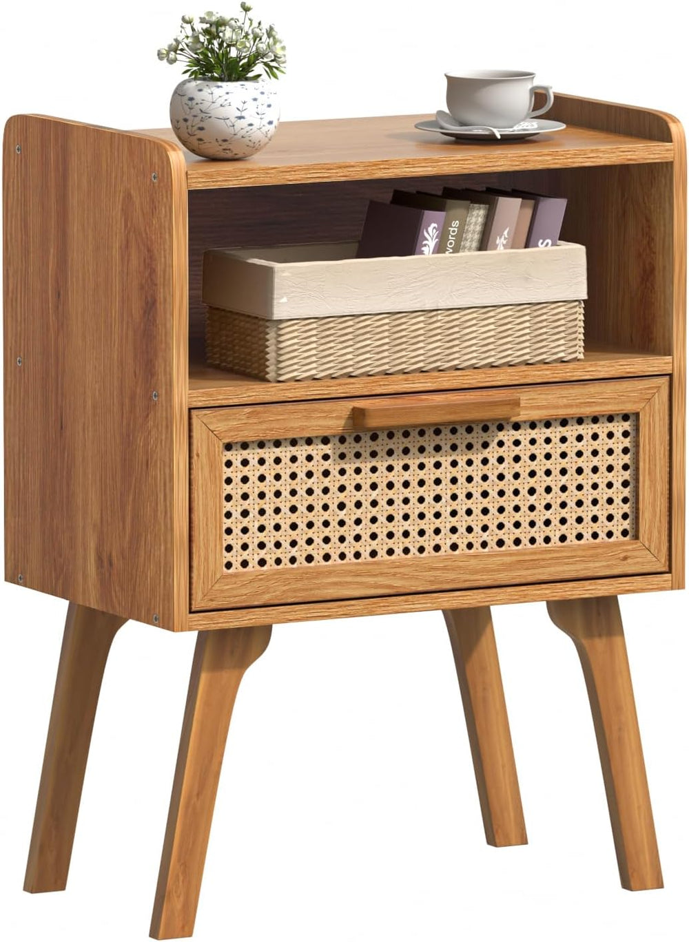 Lerliuo Rattan Nightstand, Side Table with Drawer Open Shelf, Cane Accent Bed...