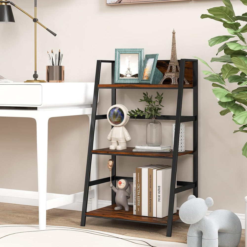 Tangkula 3-Tier Ladder Bookshelf, Industrial Wooden Bookcase w/Metal Frame, A...