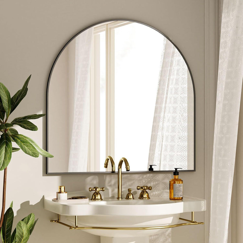 VooBang Wide Arched Wall Mirror, 31 x 32 inch Arch Bathroom Mirror Black