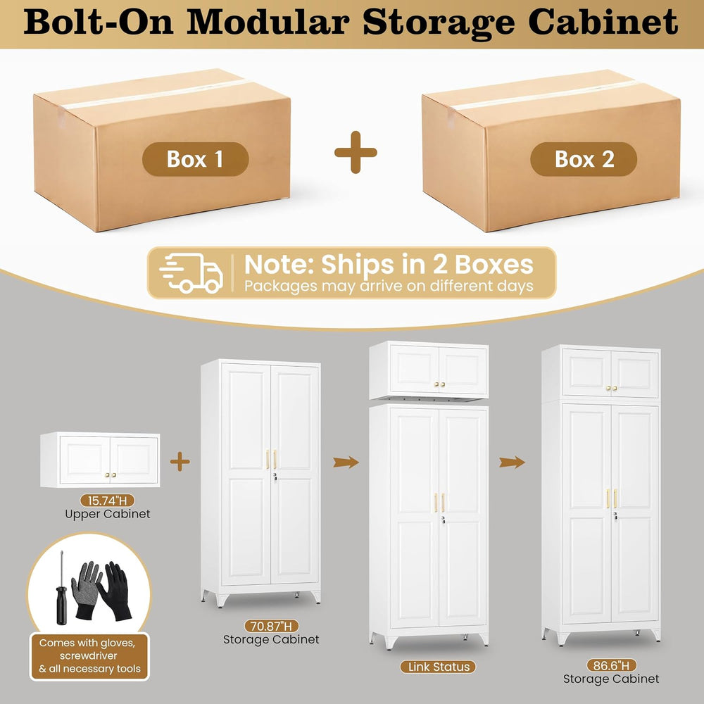86" Metal Wardrobe Closet with Lock, Tall Armoire, White