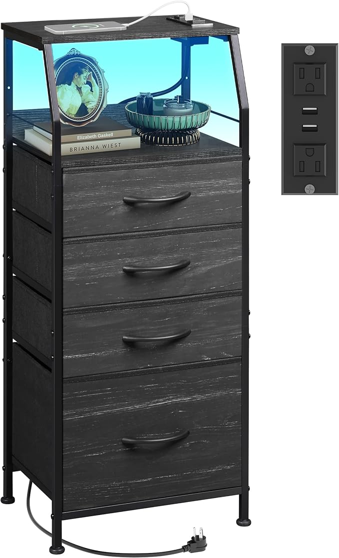 WLIVE Nightstand with Charging Station, Black Night Stand with LED Light, Tal...