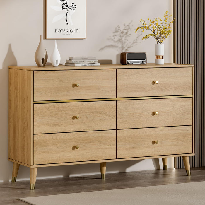 Chrangmay 6 Drawer Dresser,47.24" Wide Mid Century Chest of Drawers,Wooden Bedroom Drawer Dresser with 9 Storage Drawers for Bedroom,Living Room,with Anti-Tipping Device,Oak