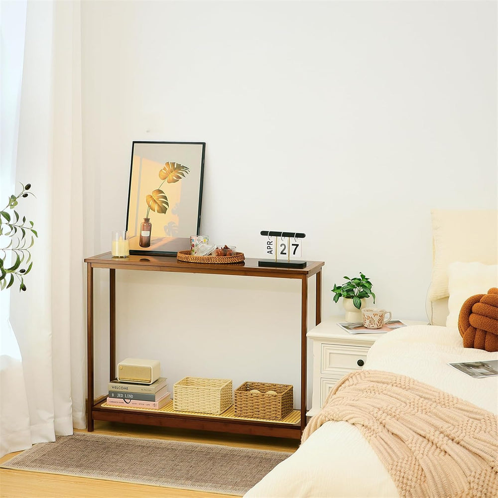 Bamboo Narrow Console Table, 39.4"(L) Wood Small Entryway Table with Rat...