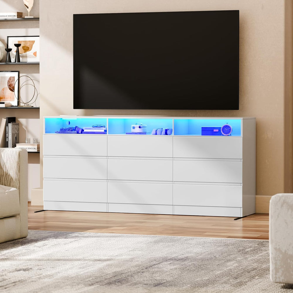 STIKELY 9 Drawer Dresser for Bedroom with Power Outlet and LED Light,