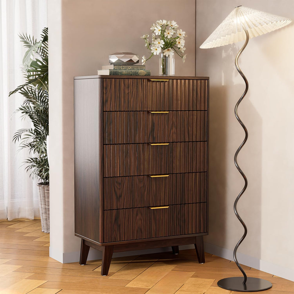 5-Drawer Dresser Fluted Drawers, Mid-Century, Walnut