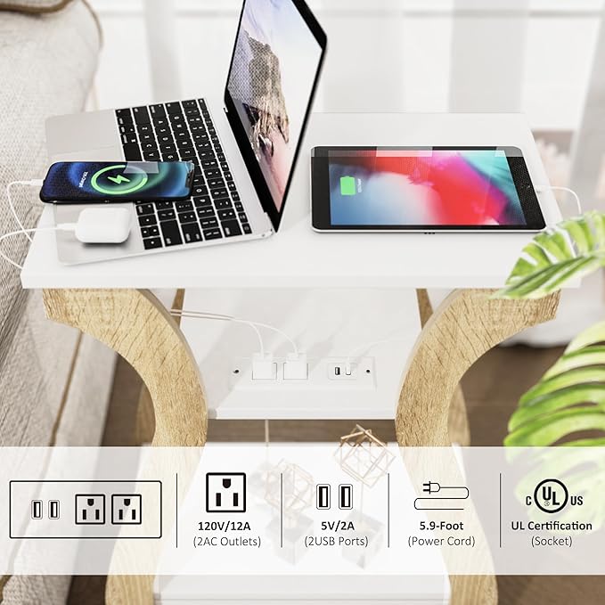 End Table Set of 2 with Charging Station, Side Table with USB Ports and Outle...