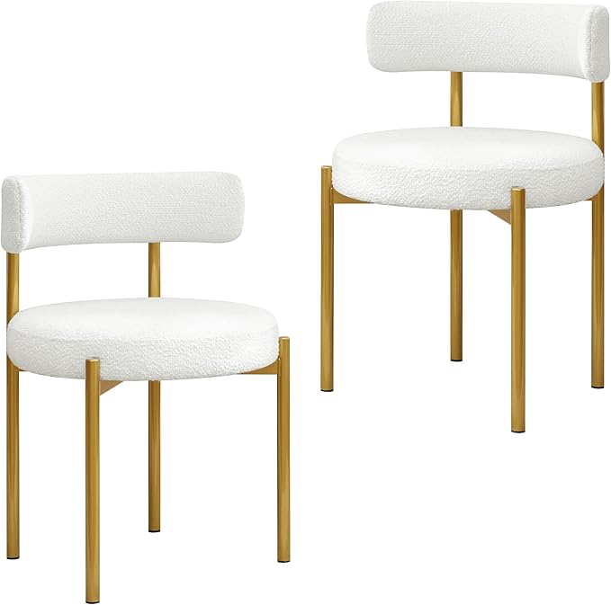 Boucle Dining Chairs Set of 2, White Dining Chairs with Upholstered Seat and ...