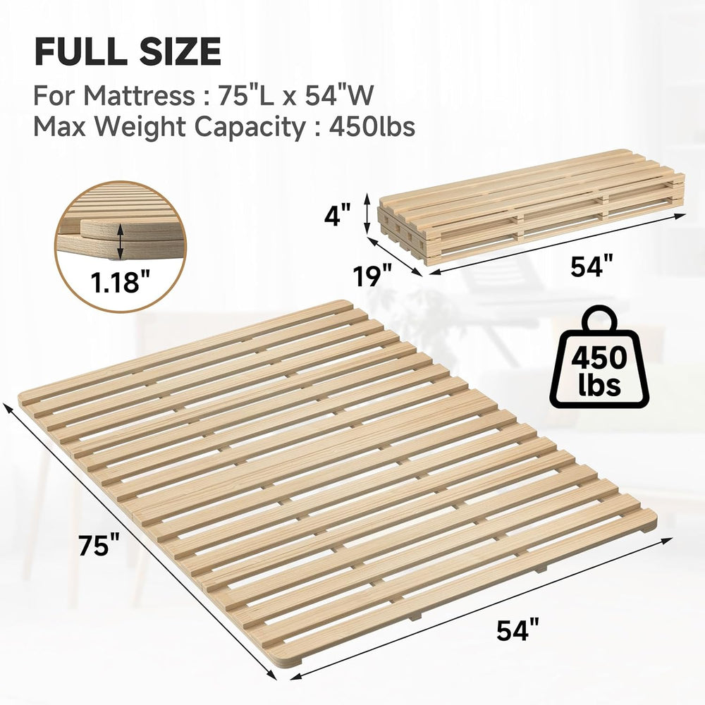 Full Size Foldable Floor Bed Frame, Solid Wood Slat Base for Futon Mattress