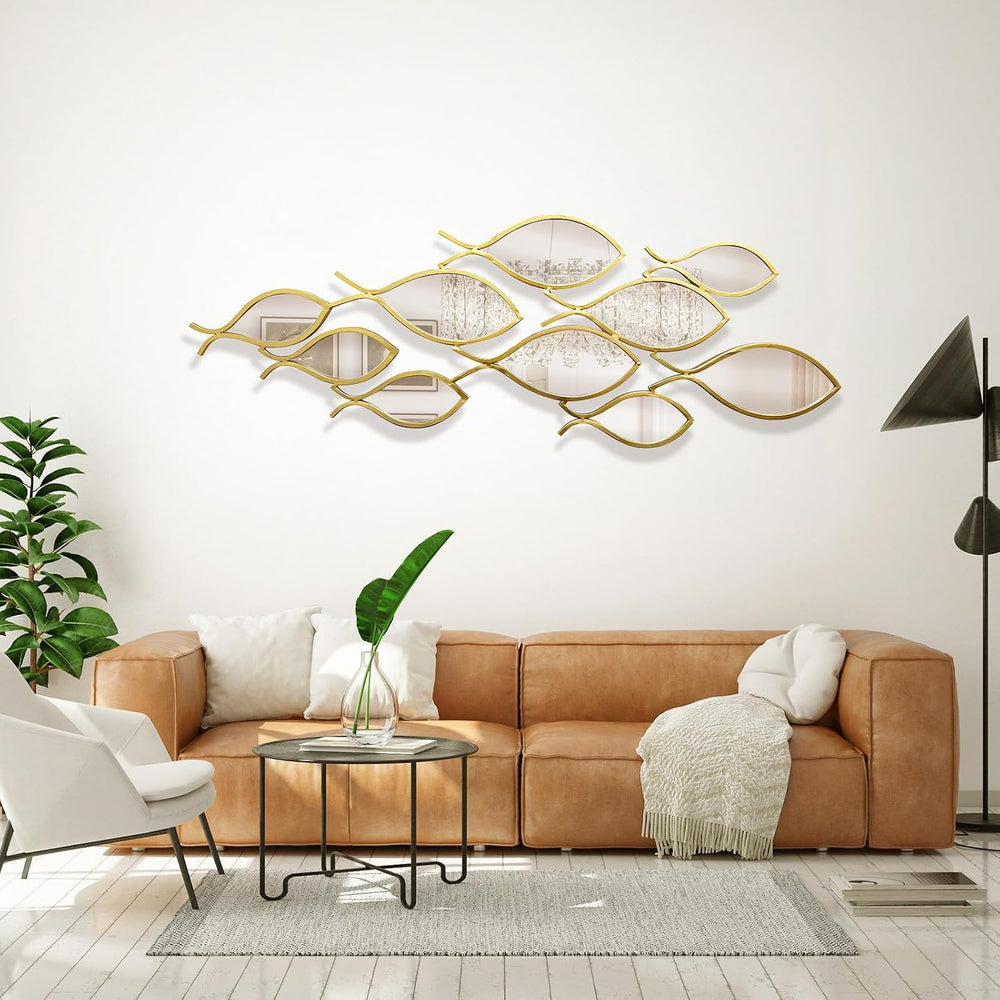 BECHAEO Coastal Metal Fish Mirror Wall Art Decor, 41" x 15" Gold