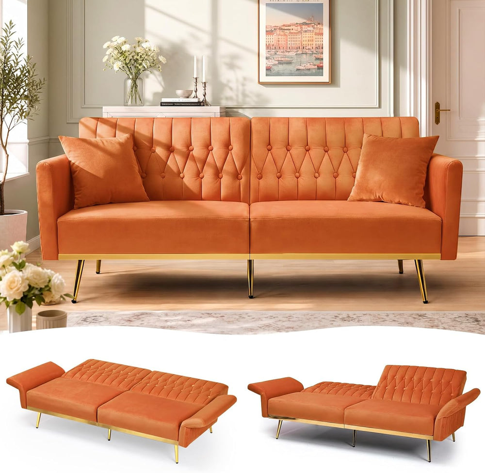 70” Velvet Futon Sofa Bed w/Adjustable Armrests, Orange
