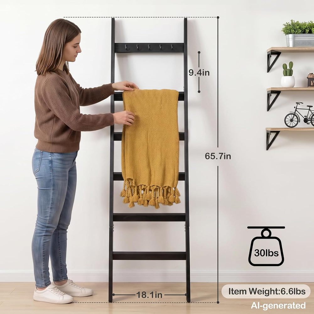 TEAKMAMA 6-Tier 5.4ft Blanket Ladder with Hooks Farmhouse Black | Wall Leanin...