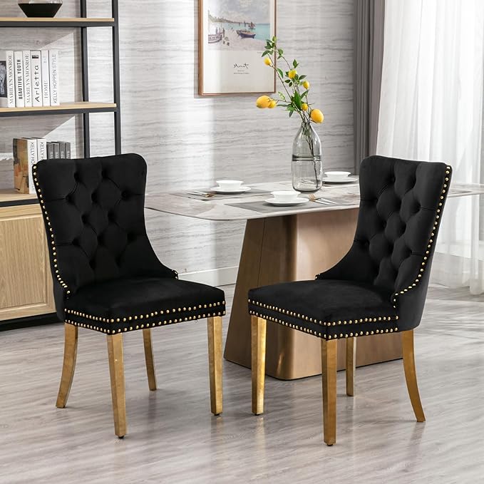 Mid Century Modern Dining Chairs Set of 4, Black Velvet Upholstered Tufted Ba...