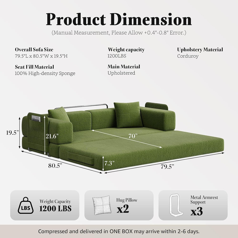 79.5" Convertible Floor Sofa Bed, 5-In-1 Corduroy Futon Couch, No Assembly