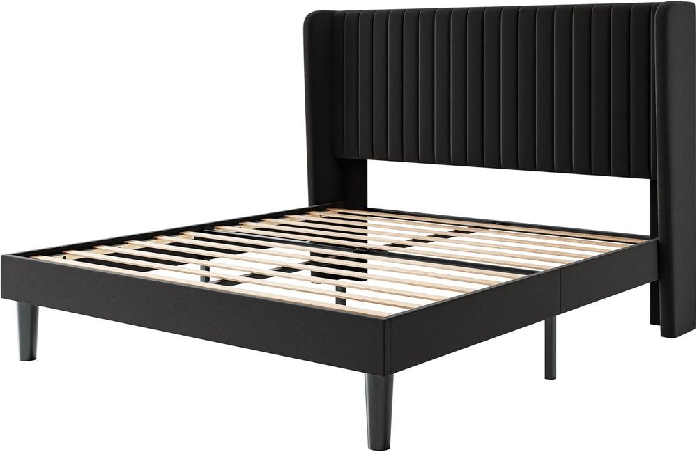 SHA CERLIN Full Size Velvet Bed Frame, Tufted Wingback Headboard, Black
