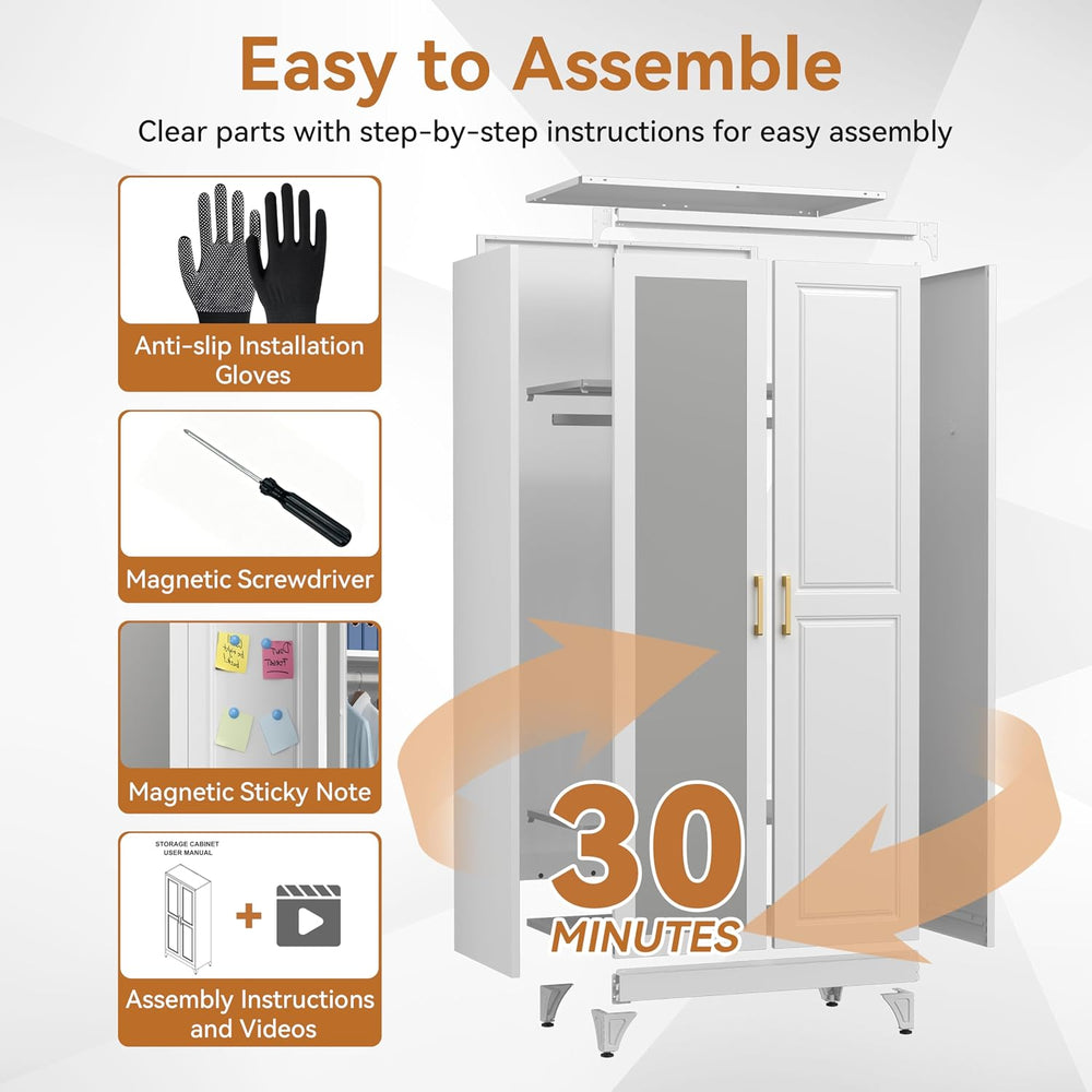 Metal Armoire Wardrobe Closet with Mirror, 71" Tall White Cabinet