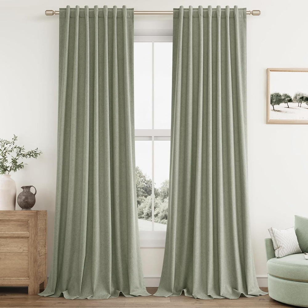 100% Blackout Linen Curtains 84 Inch Long 2 Panels Sage Green