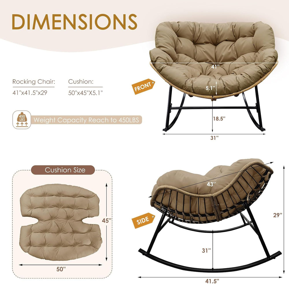 2-Piece Outdoor Patio Papasan Rocking Chair, Cozy Oversized Wicker Gliding Lo...