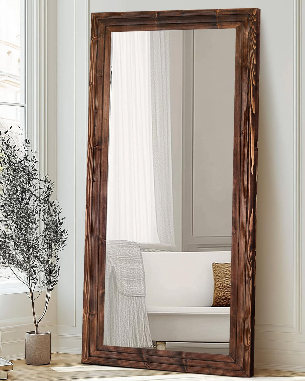 76x34in Full Length Mirror, 3-Tier Stepped Solid Wood Frame, Brown