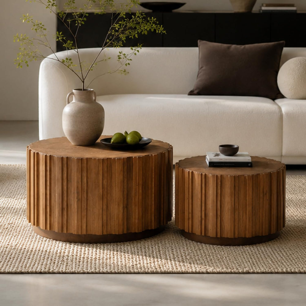 SSLine Fluted Round Nesting Coffee Table Set of 2, Mid-Century Wooden Drum Co...
