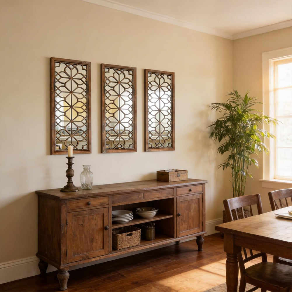 Set of 2 16x41.5 Inch Large Carved Floral Wood Frame Wall Mirrors, Shatterpro...