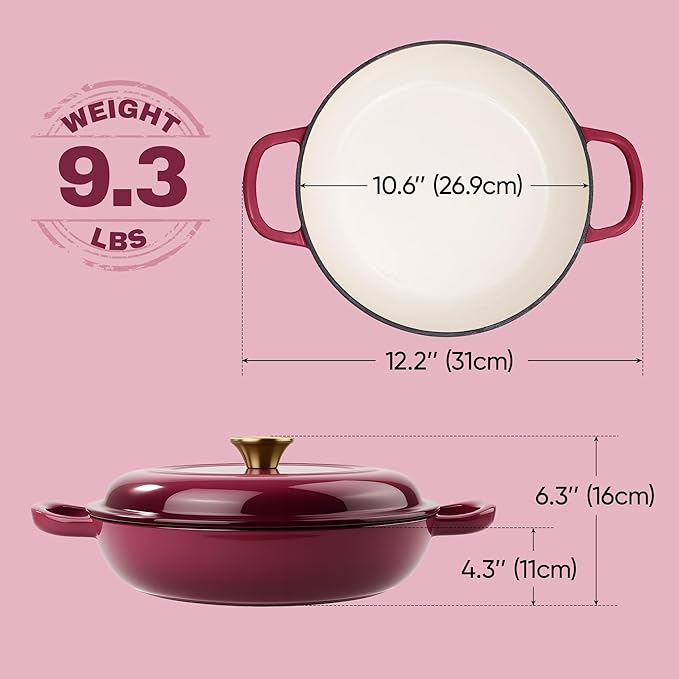 3 Quart Enameled Cast Iron Braiser, Non Stick Enameled Cast Iron Skillet