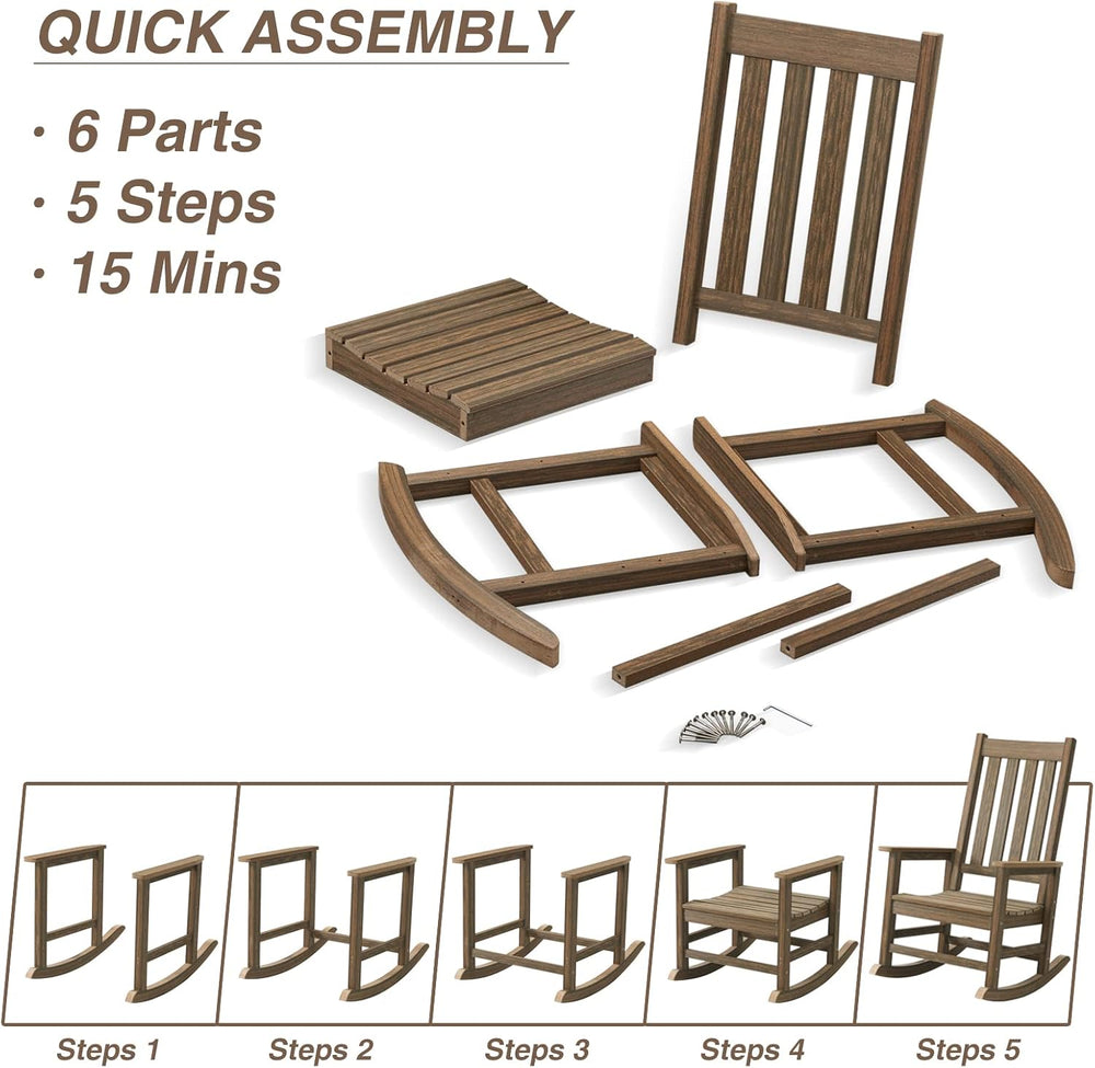 Oversized Outdoor Rocking Chair, Porch Rocker with High Back, Brown | HDPE Pa...