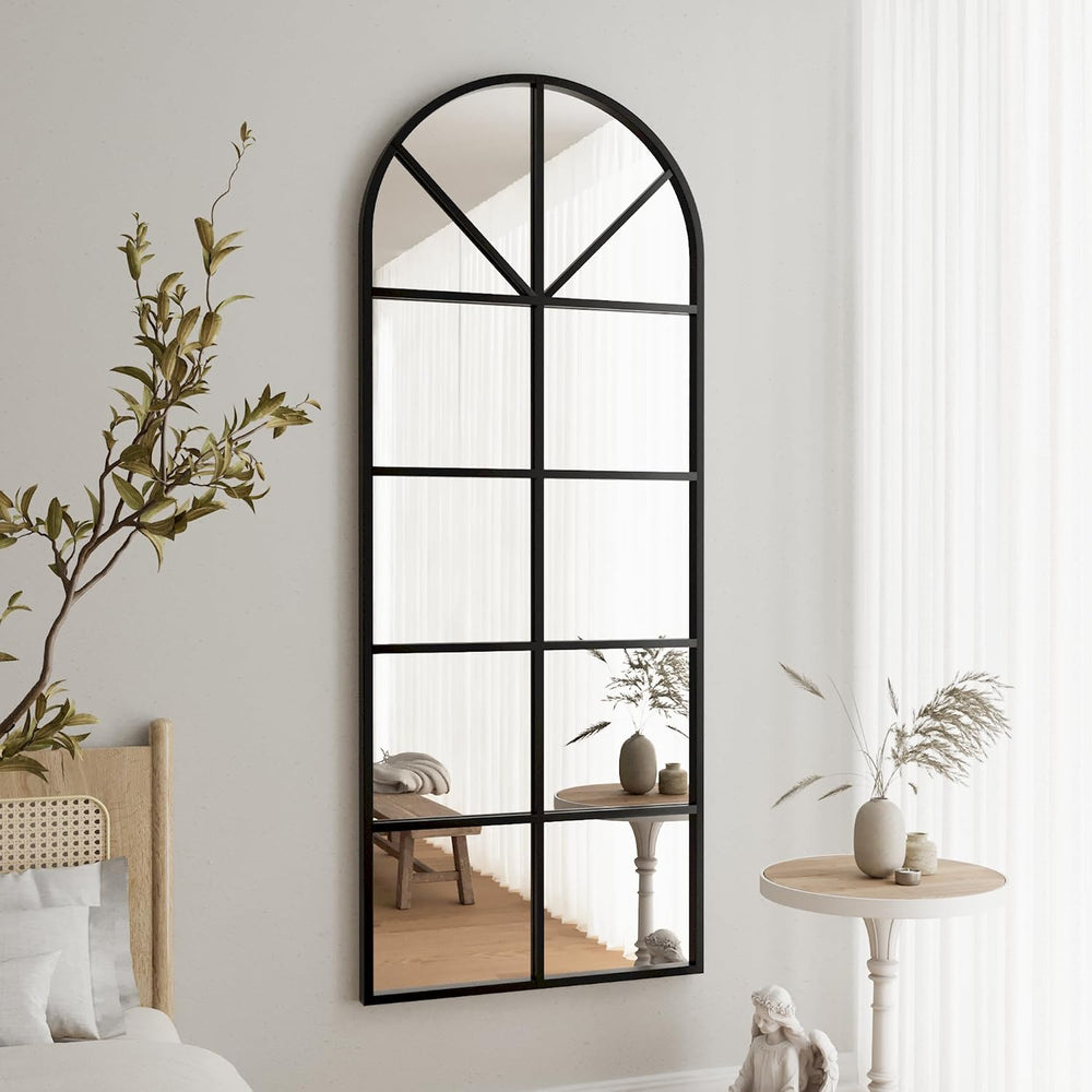 Floor Full Length Mirror, Arch Top Window Pane Mirror, 56"x22" Black