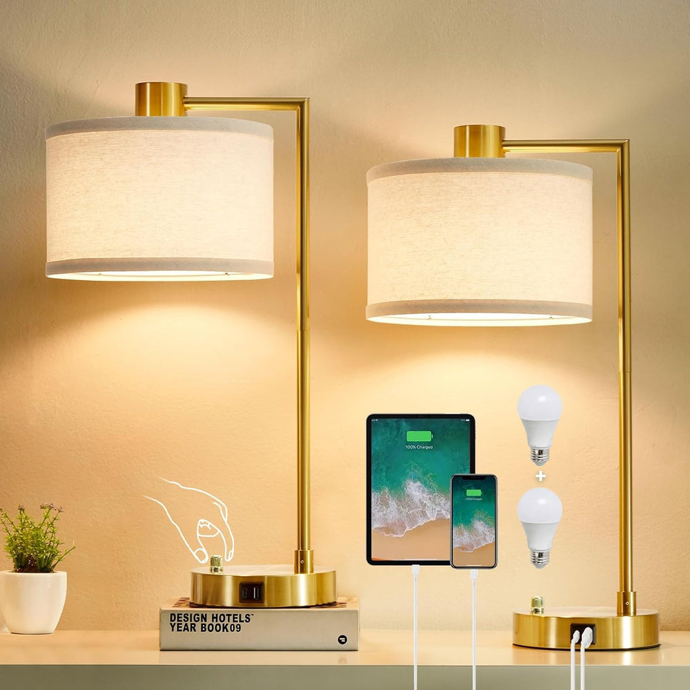 Gold Table Lamp Set of 2, Dimmable Bedside Lamps for Night Stands, USB A+C
