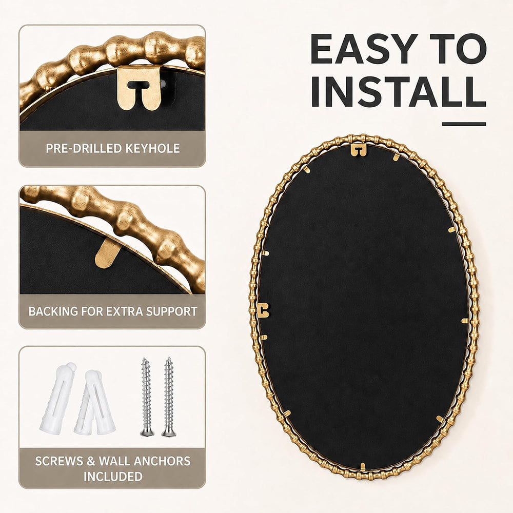 24"x36" Oval Wall Mirror, Antique Gold Bold Beaded Frame