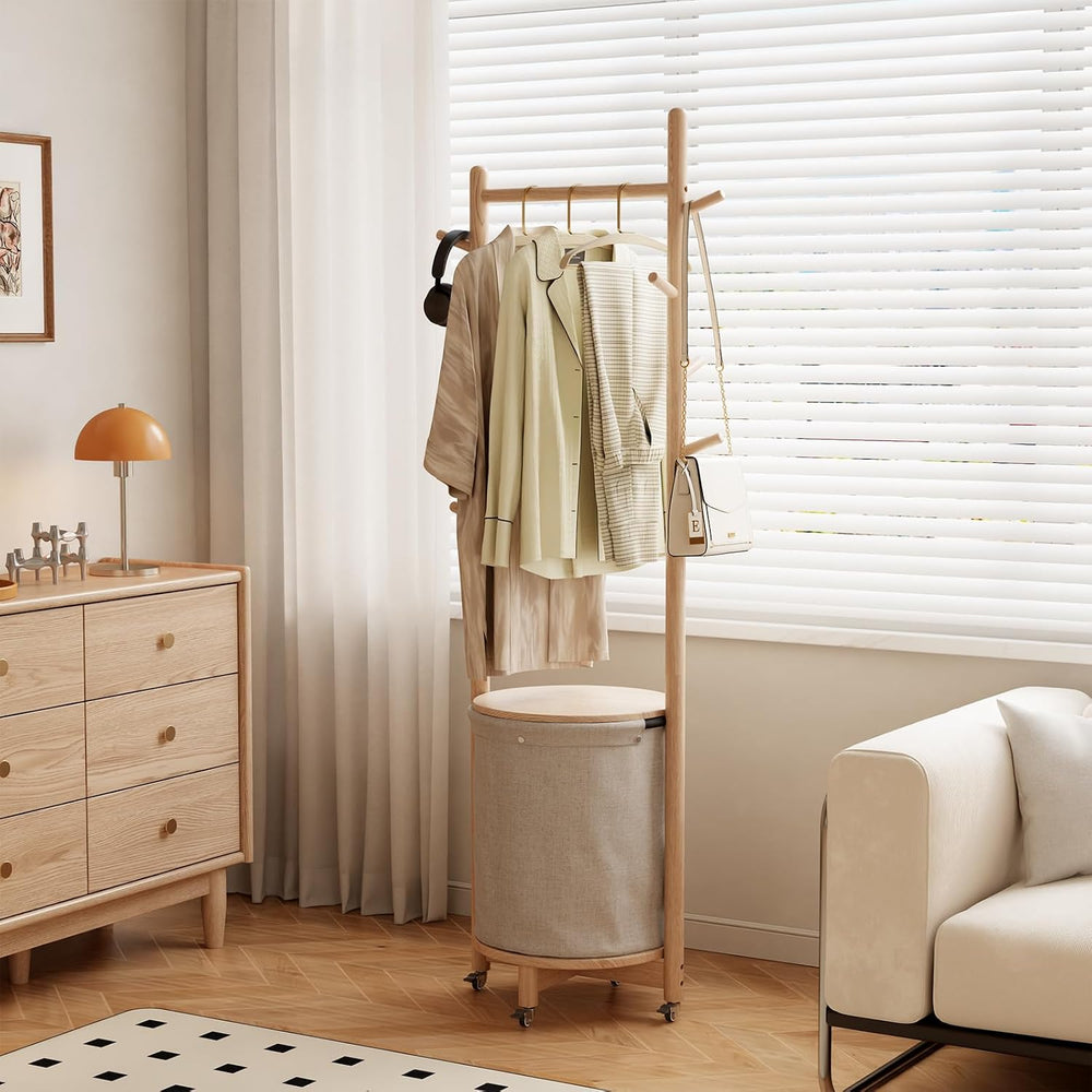 CycleCrew Solid Wood Coat Rack with Fabric Basket - Freestanding Coat Rack Ro...