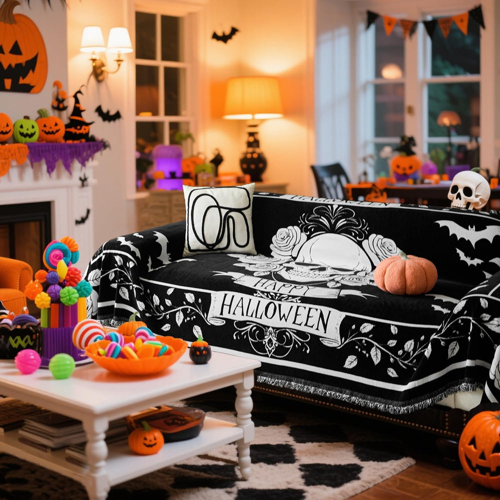 EVENHUG Halloween Sofa Cover Soft Washable Reversible Couch Cover Halloween H...